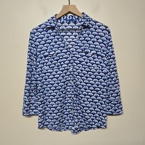 J.McLaughlin Women's Linen Blend Button Front Shirt Blue White‎ Scallop Fan Sz M